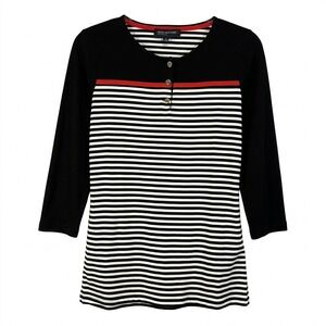 Jones New York Signature M Nautical Stripe Top Henley 3/4 Sleeve Black White Red
